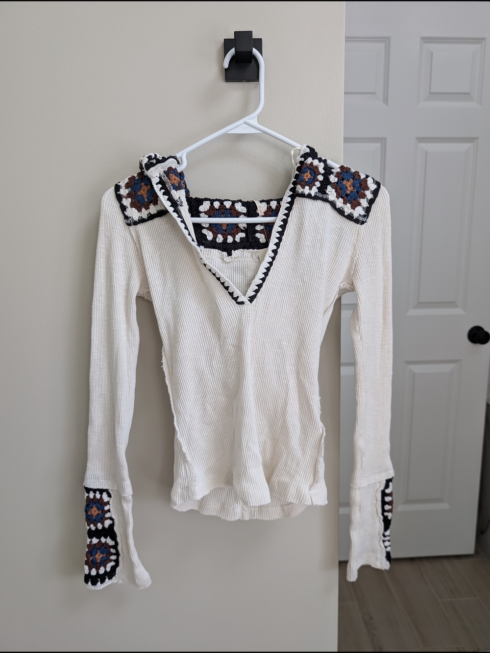 Free People Cream Ribbed Long Sleeve Top with Crochet Trim